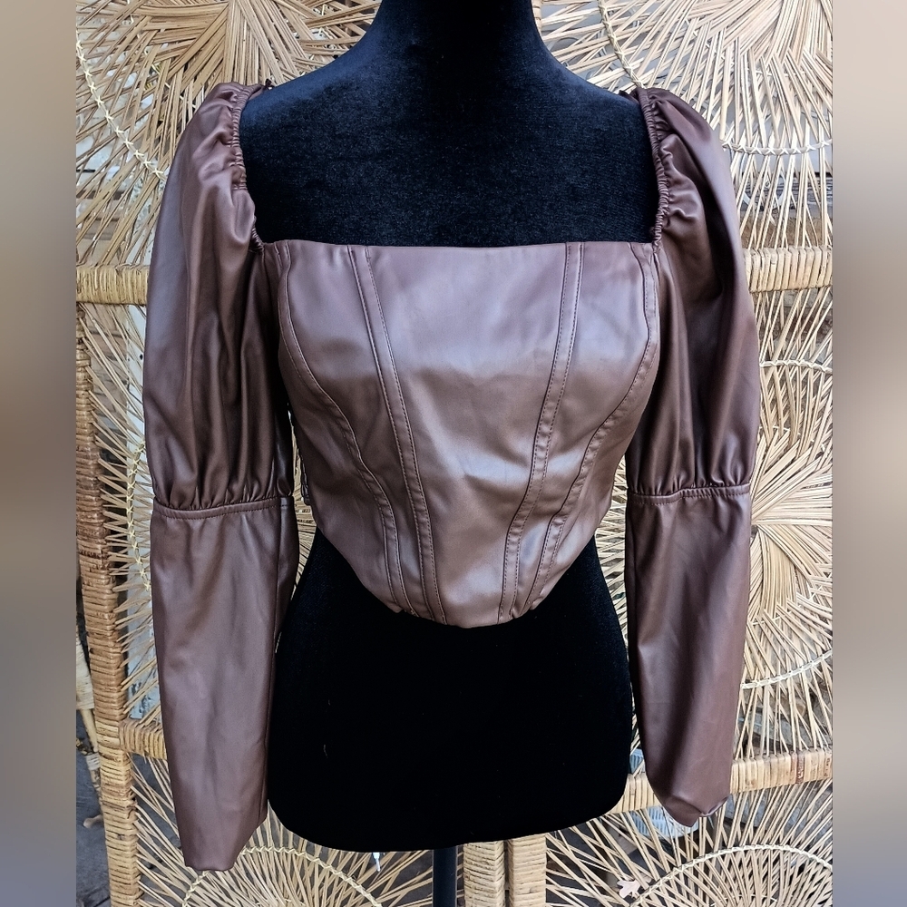 A. Peach The Buckle Brown Faux Leather Puff Sleeve Corset Type Top_Med